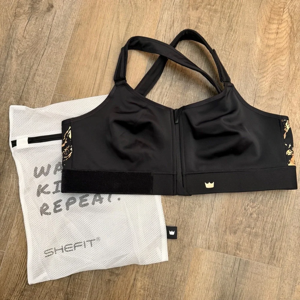 NEW SHEFIT Flex Sports Bra Black Medium Impact Adjustable Front Zip 3 Luxe Bag